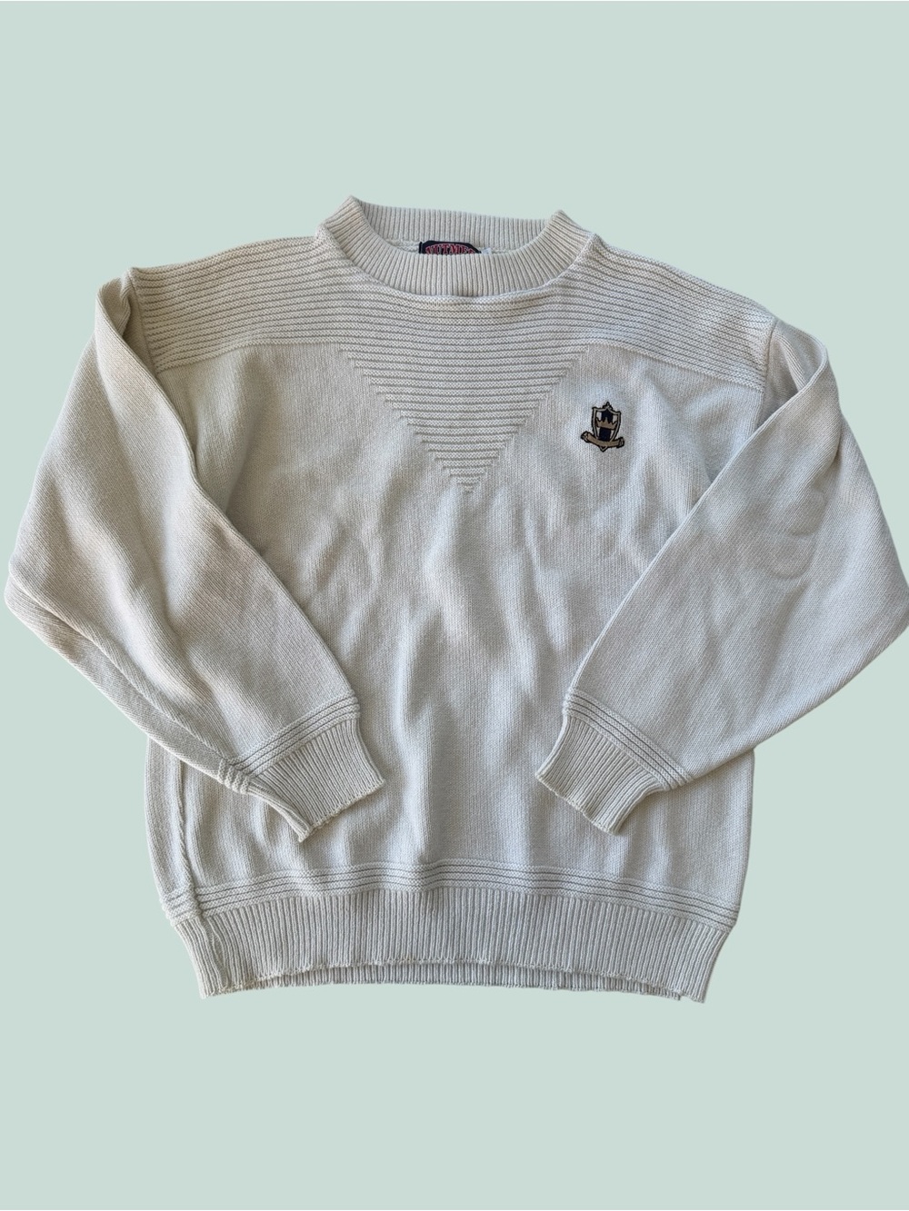 Men's Cream Knit Sweater with Embroidered Crest made in USA